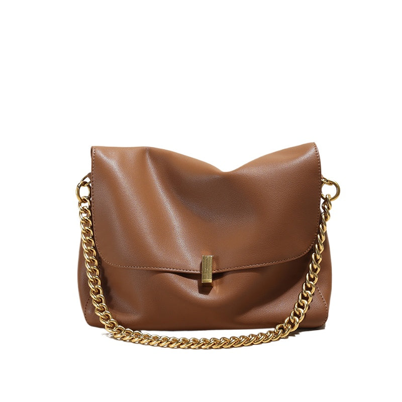 Taupe Chain Flap Leather Shoulder Bag
