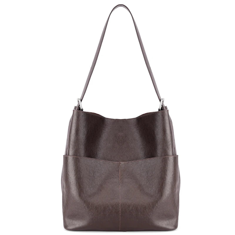 Black Leather Front Pocket Shoulder Tote