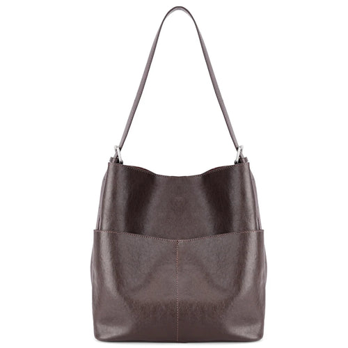 Black Leather Front Pocket Shoulder Tote