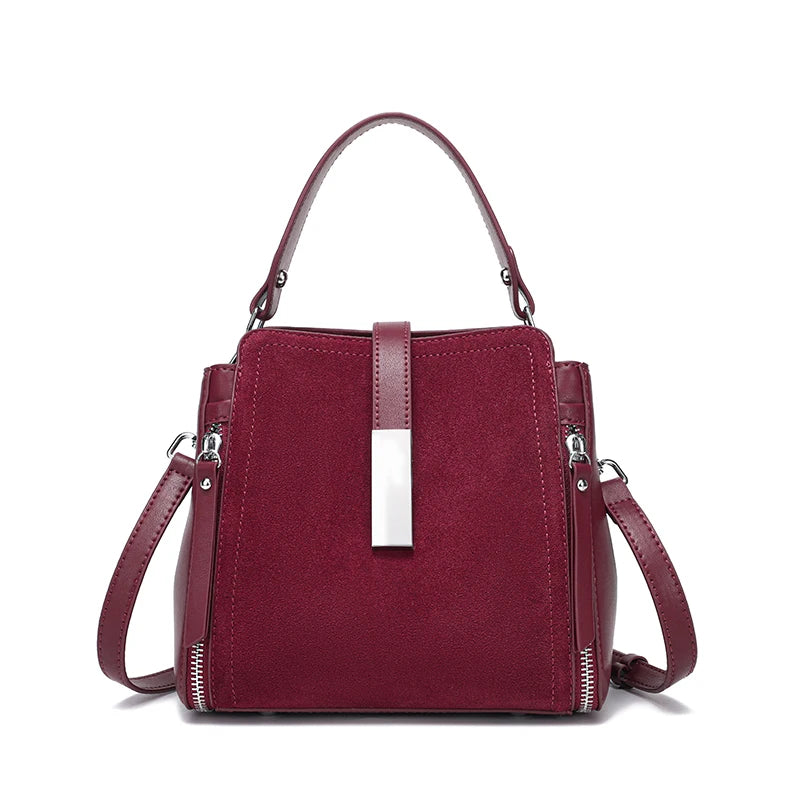 Suede Leather Bucket Satchel Bag