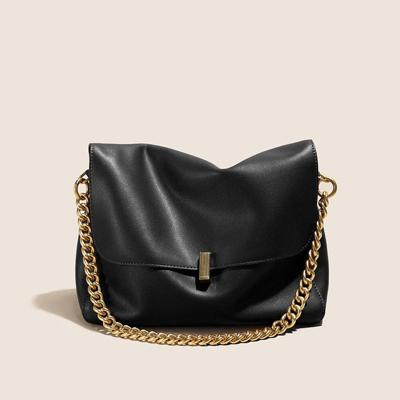 Taupe Chain Flap Leather Shoulder Bag
