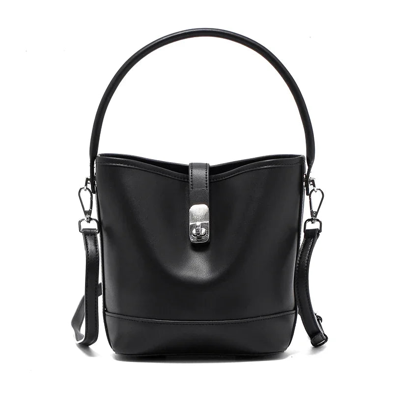 Beige Leather Bucket Bag with Top Handle