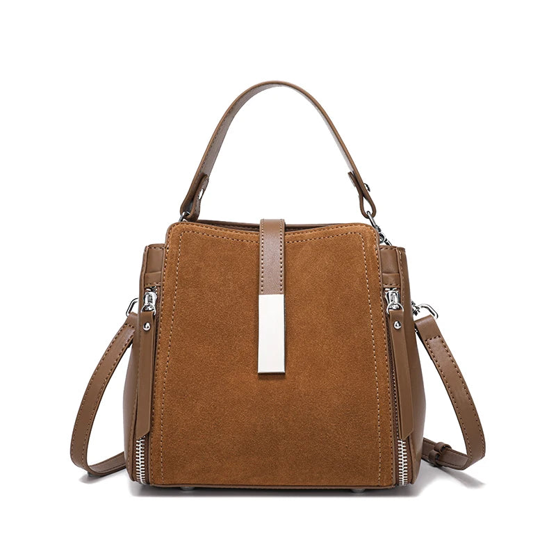 Suede Leather Bucket Satchel Bag