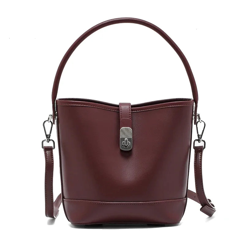 Beige Leather Bucket Bag with Top Handle