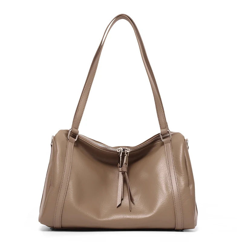 Chocolate Leather Double Zip Shoulder Bag