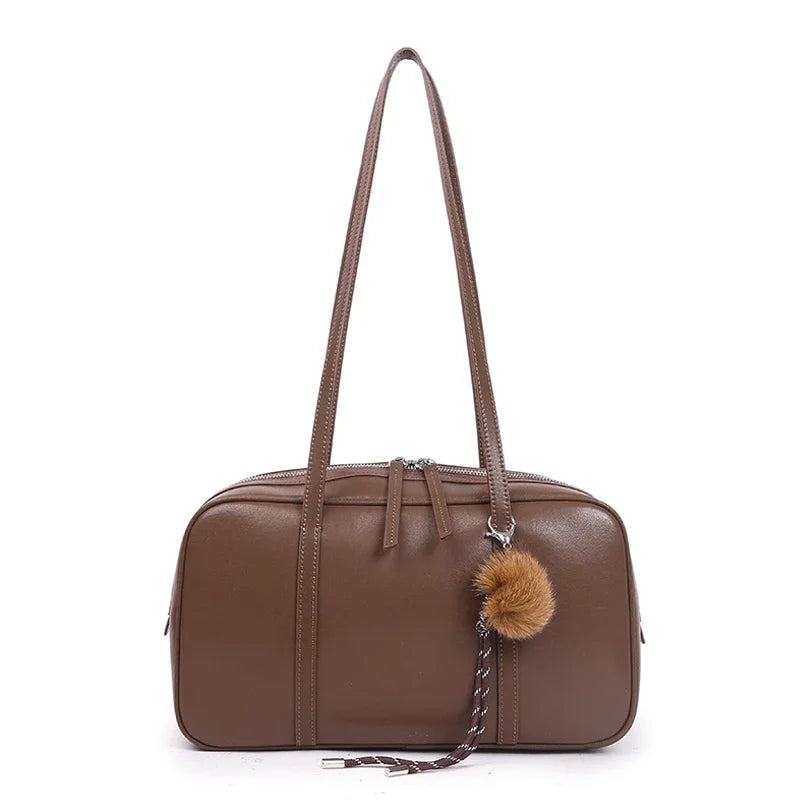 Brown Leather Pom Charm Satchel