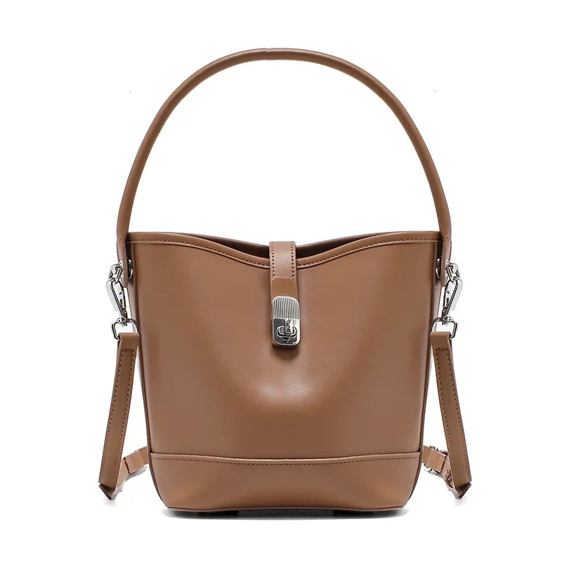 Beige Leather Bucket Bag with Top Handle