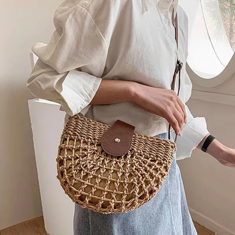 Half Moon Woven Straw Crossbody