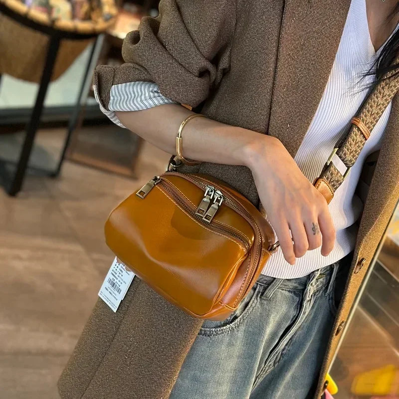 Cognac Multi-Zip Leather Crossbody