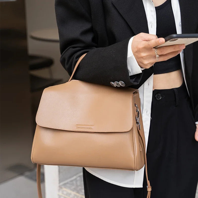 Tan Leather Flap Top Handle Bag