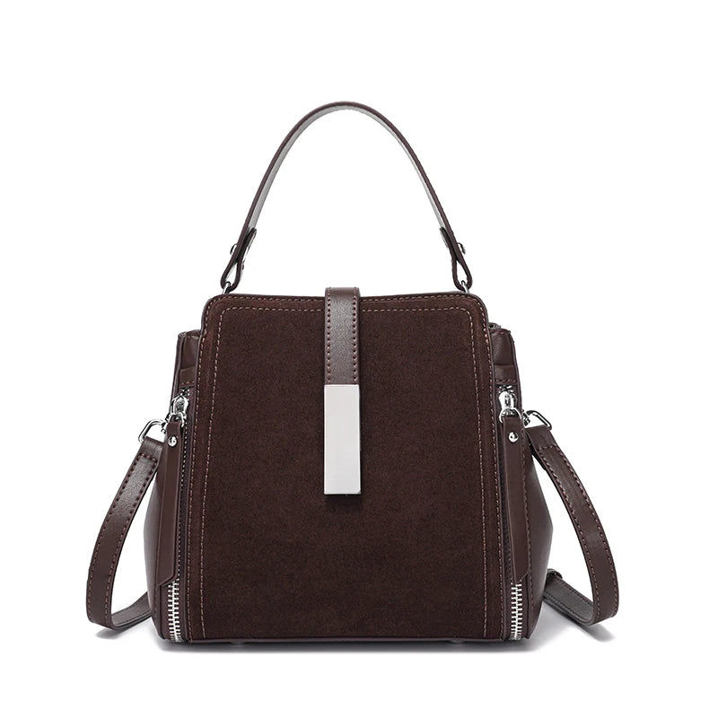 Suede Leather Bucket Satchel Bag