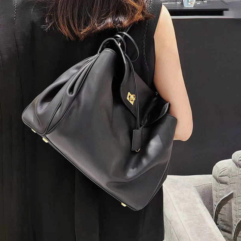 Black Leather Pocket Shoulder Tote