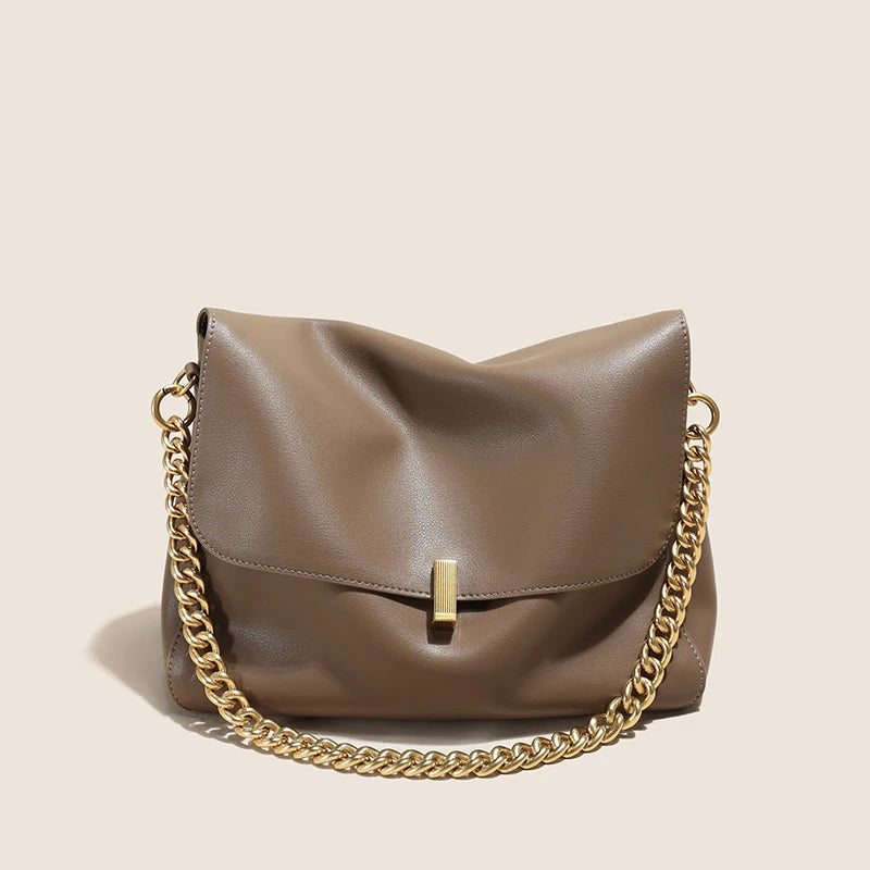 Taupe Chain Flap Leather Shoulder Bag