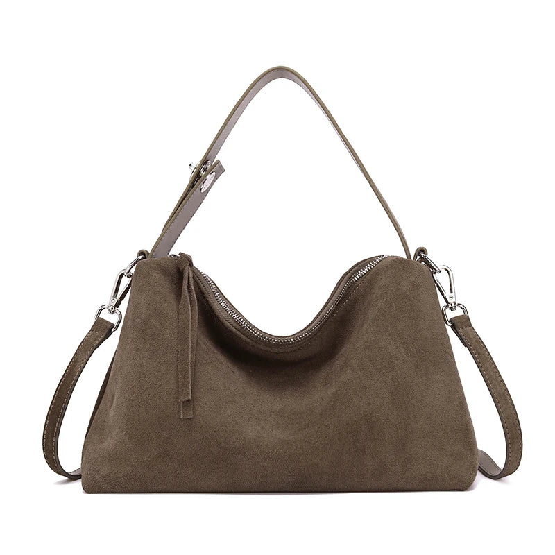 Mocha Suede Boston Shoulder Bag