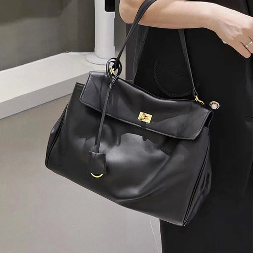 Black Leather Pocket Shoulder Tote