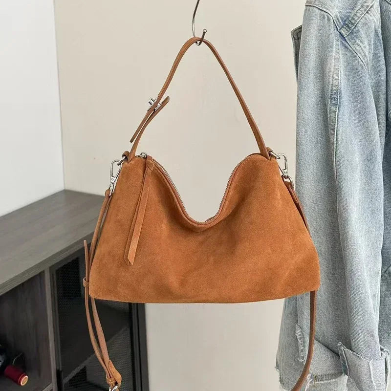Mocha Suede Boston Shoulder Bag