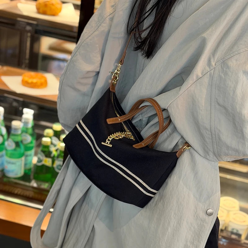 Navy Canvas Leather-Trim Crossbody Tote