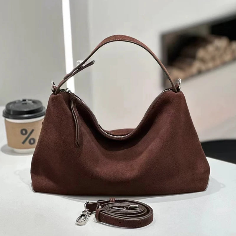 Mocha Suede Boston Shoulder Bag