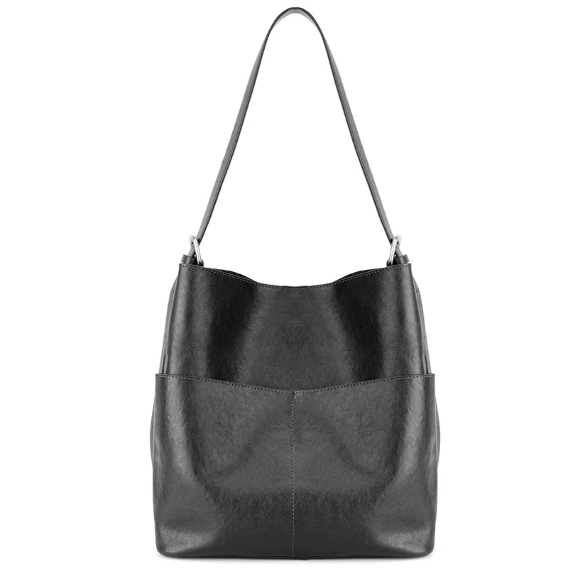 Black Leather Front Pocket Shoulder Tote