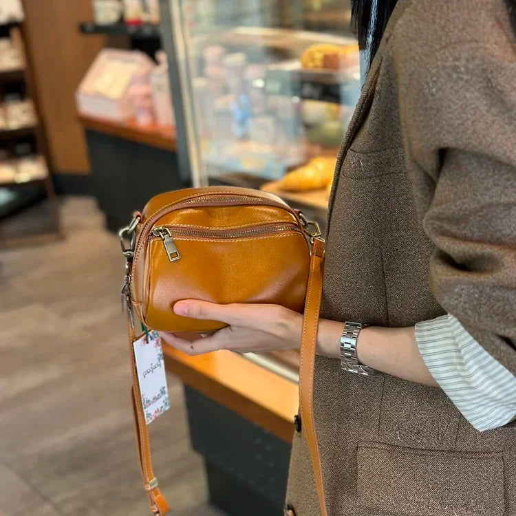 Cognac Multi-Zip Leather Crossbody