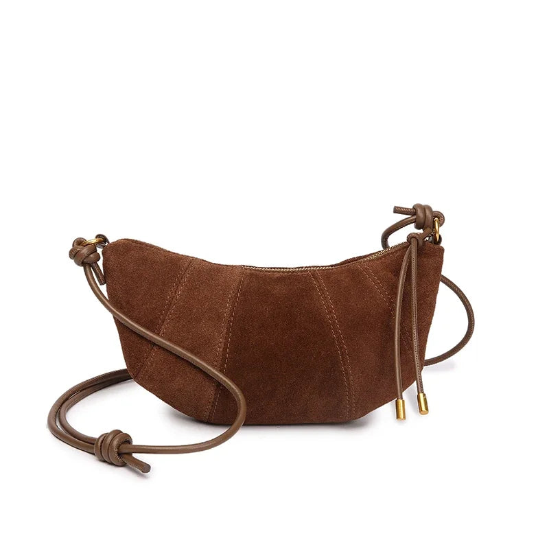Brown Suede Crescent Crossbody Bag