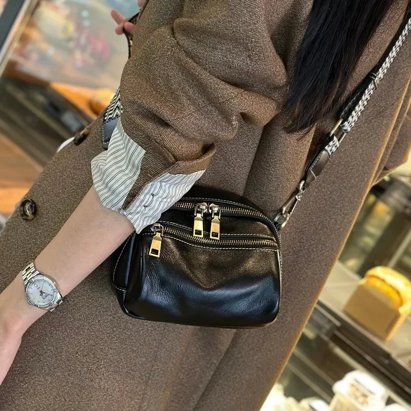Cognac Multi-Zip Leather Crossbody