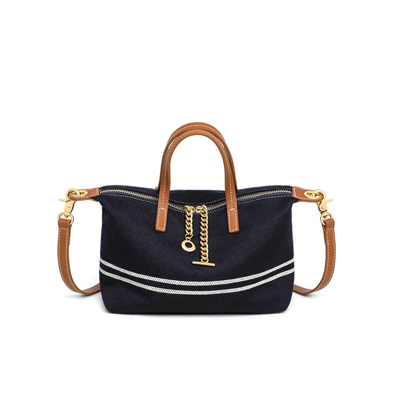 Navy Canvas Leather-Trim Crossbody Tote