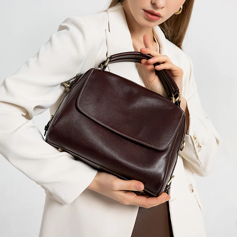 Glossy Brown Leather City Satchel
