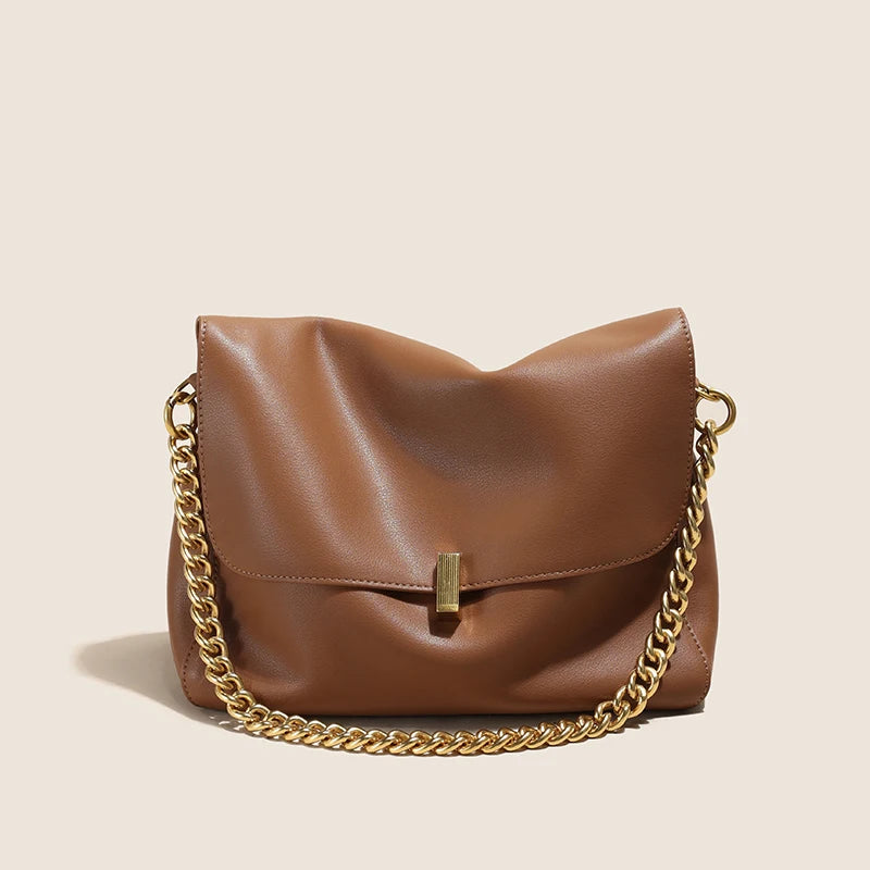 Taupe Chain Flap Leather Shoulder Bag
