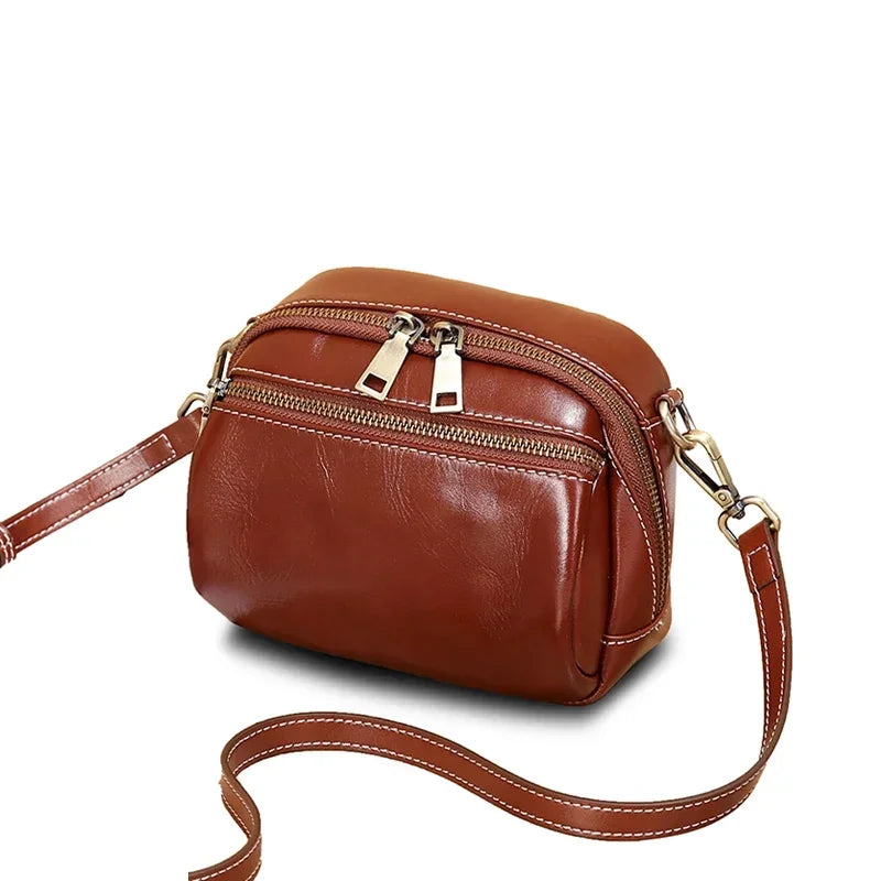 Cognac Multi-Zip Leather Crossbody
