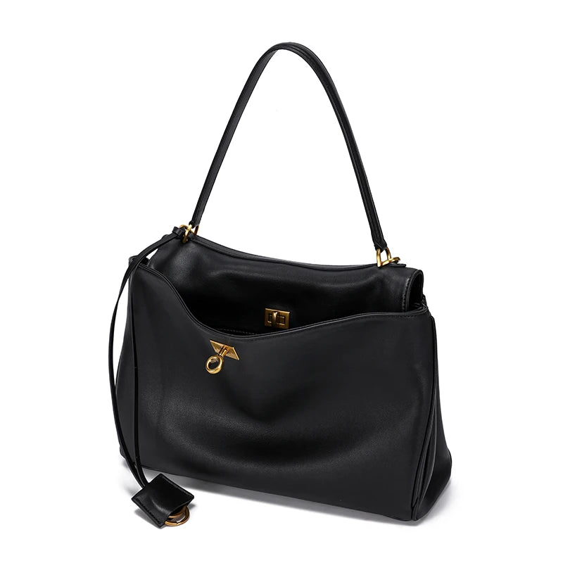 Black Leather Pocket Shoulder Tote