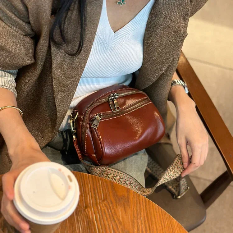 Cognac Multi-Zip Leather Crossbody