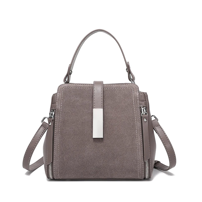 Suede Leather Bucket Satchel Bag