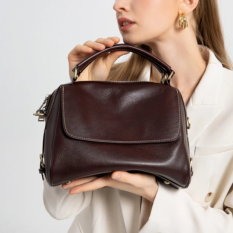 Glossy Brown Leather City Satchel
