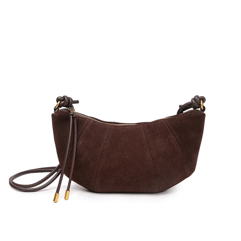 Brown Suede Crescent Crossbody Bag
