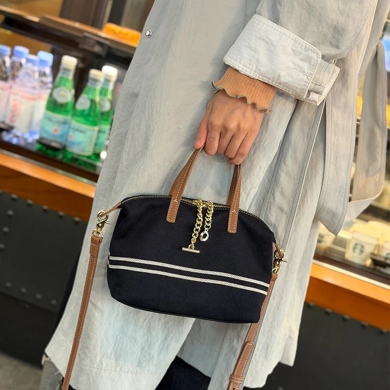 Navy Canvas Leather-Trim Crossbody Tote