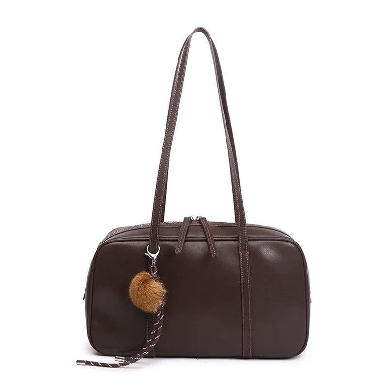 Brown Leather Pom Charm Satchel