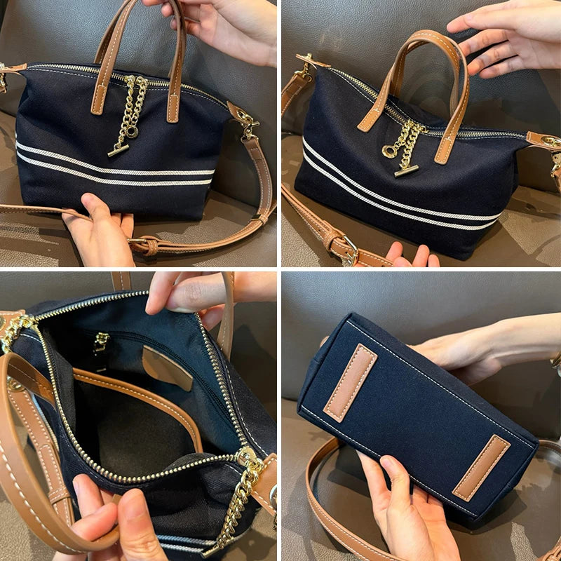 Navy Canvas Leather-Trim Crossbody Tote