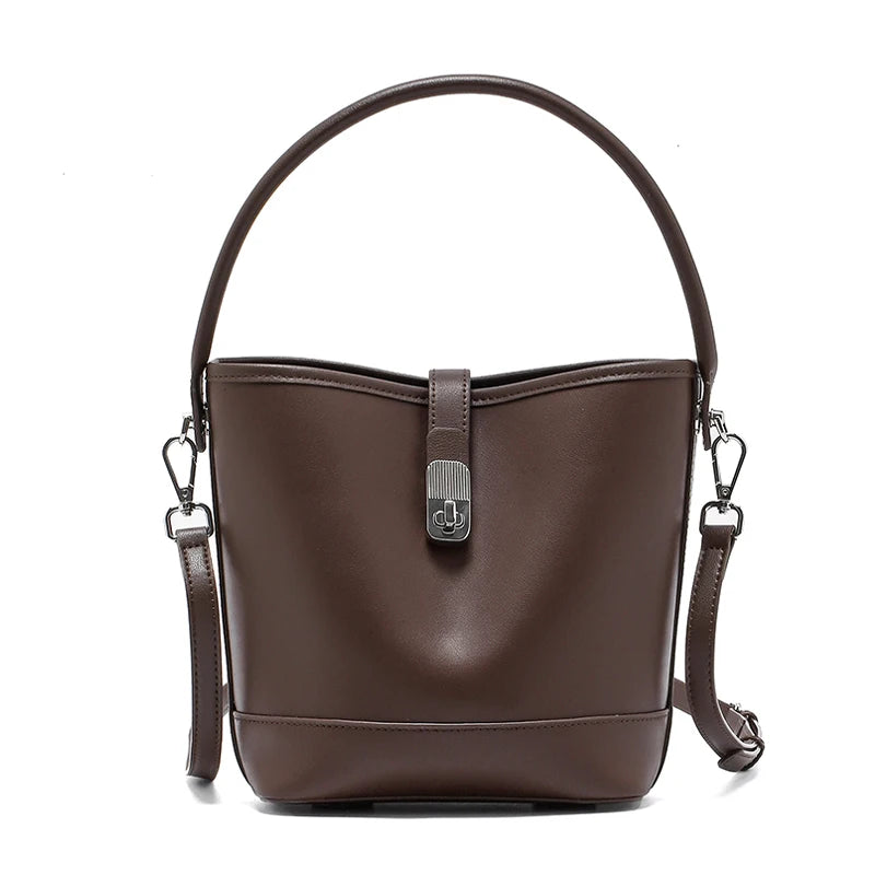 Beige Leather Bucket Bag with Top Handle
