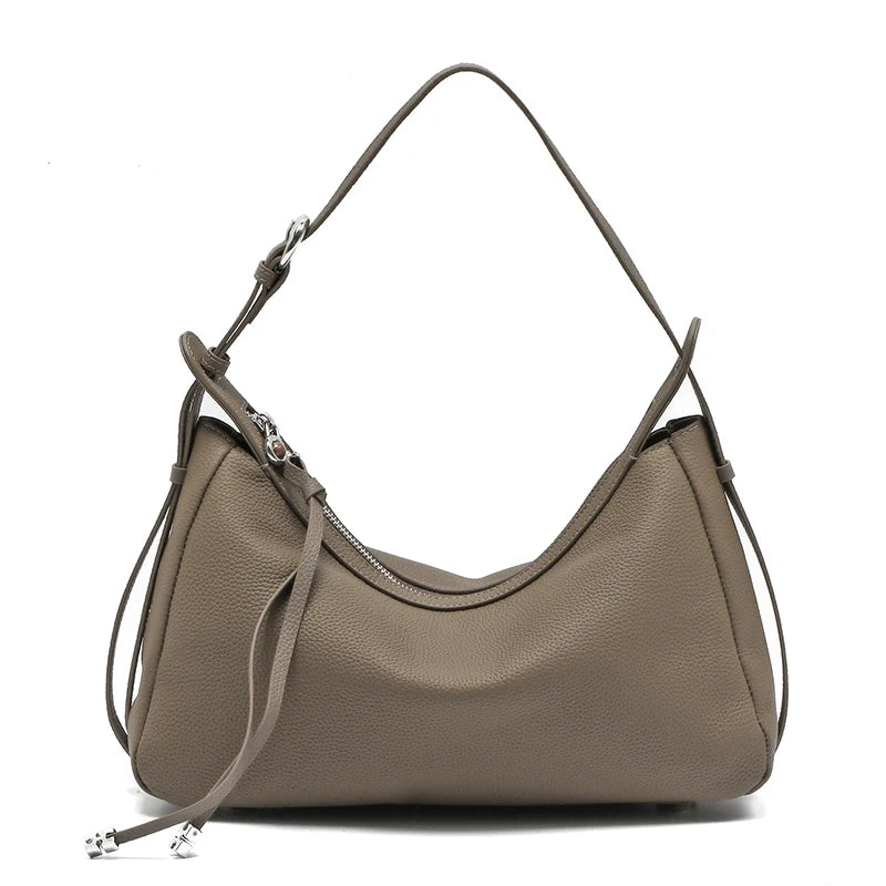 Greige Pebbled Zip Shoulder Bag