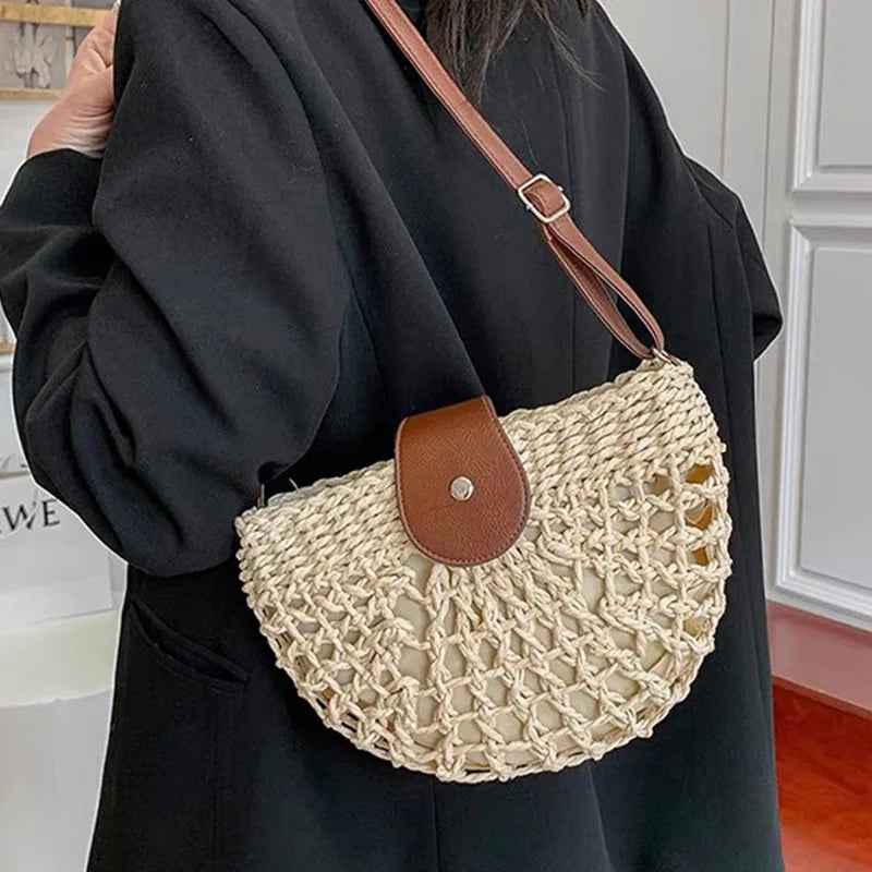 Half Moon Woven Straw Crossbody