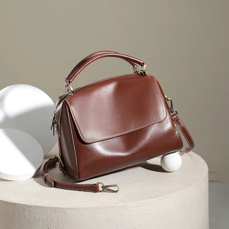 Glossy Brown Leather City Satchel