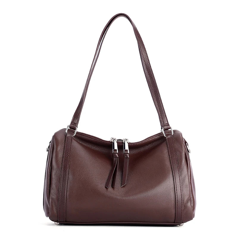Chocolate Leather Double Zip Shoulder Bag