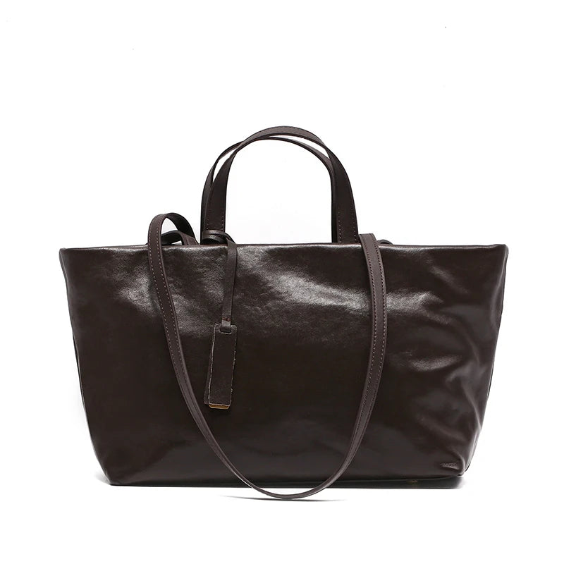 Glossy Espresso Leather Dual-Handle Commuter Tote