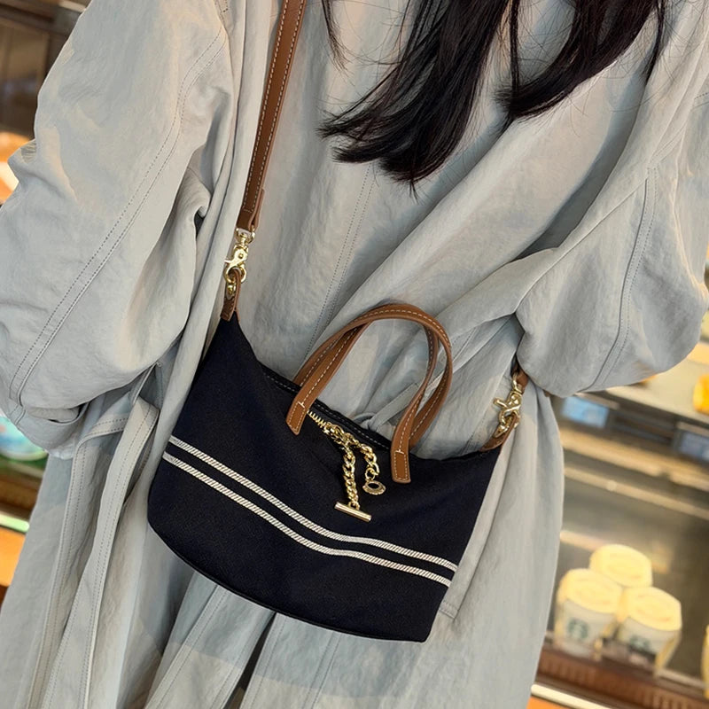 Navy Canvas Leather-Trim Crossbody Tote