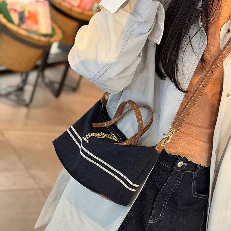 Navy Canvas Leather-Trim Crossbody Tote