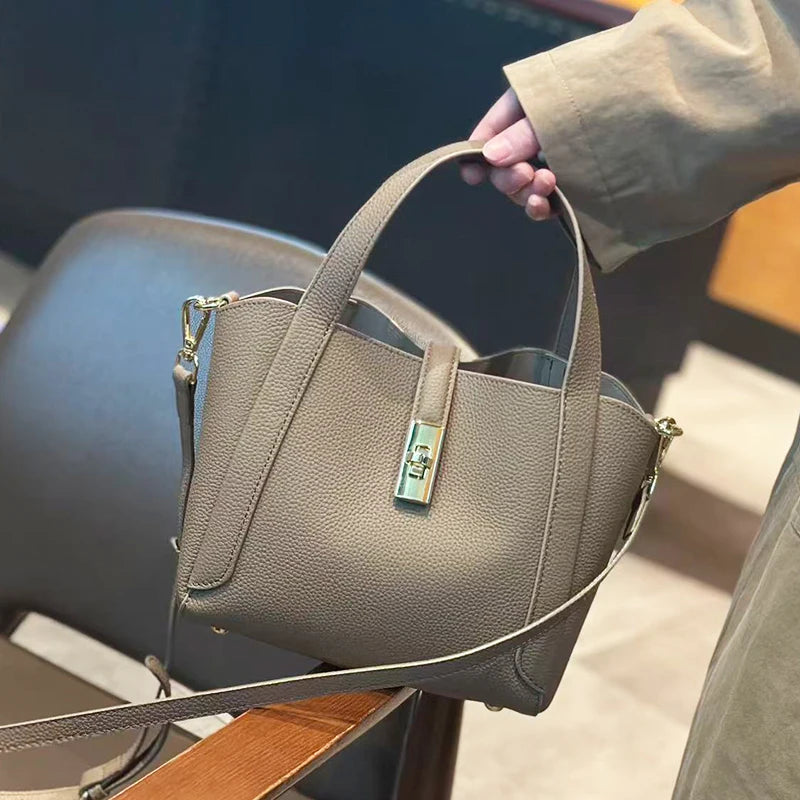 Pebbled Leather Turn-Lock Tote Crossbody Bag