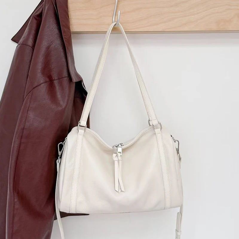 Chocolate Leather Double Zip Shoulder Bag