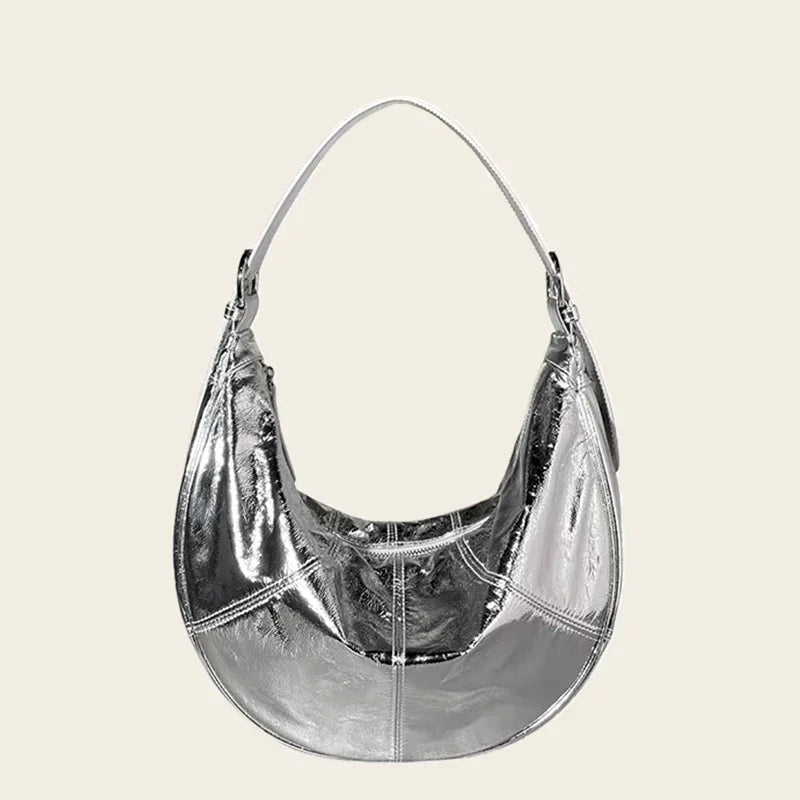 Silver Metallic Crescent Shoulder Bag