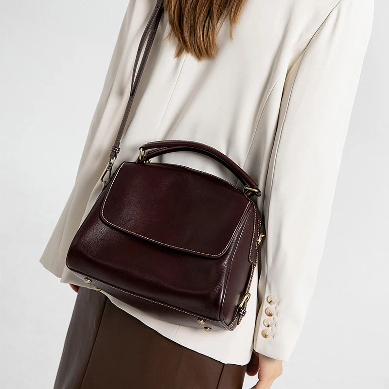 Glossy Brown Leather City Satchel